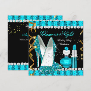Convite Turquesa Água Notte Glamour Dourado Preto