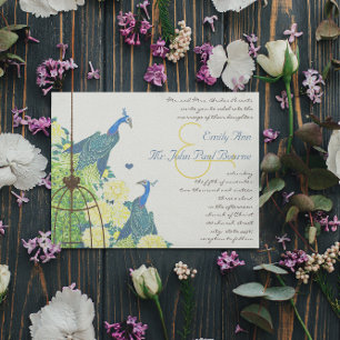Convite Turquesa & Amarelo Antigo Casamento de Gaiola de P