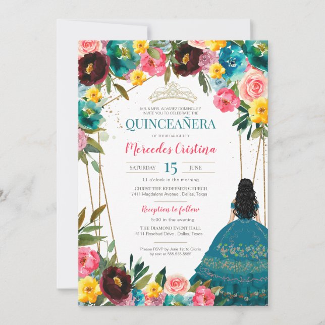Convite Turquesa Amarelo cor-de-rosa Festiva Quinceanera (Frente)