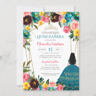 Convite Turquesa Amarelo cor-de-rosa Festiva Quinceanera