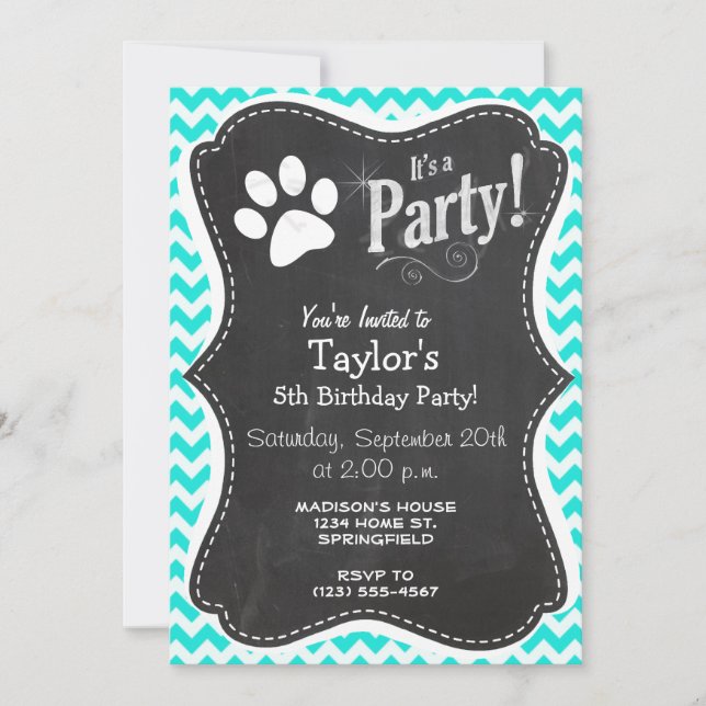 Convite Turquesa, Aqua Color Chevron; Paw Print (Frente)