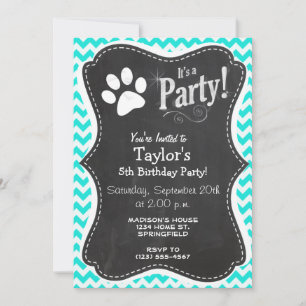 Convite Turquesa, Aqua Color Chevron; Paw Print