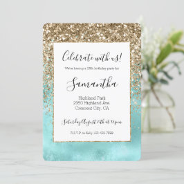 Convite Turquesa Aqua Dourado Glitter Sparkle