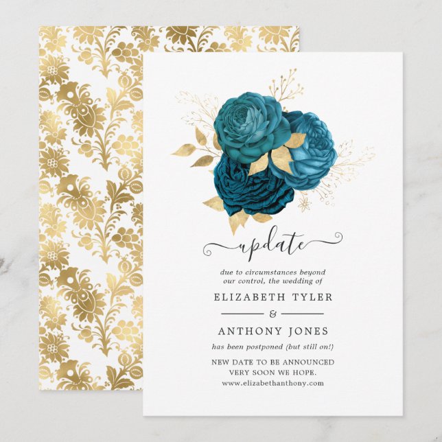Convite Turquesa - Atualização de Casamento Floral Dourado (Frente/Verso)
