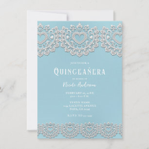 Convite Turquesa Azul Branco Renda Coração Quinceañera Fes