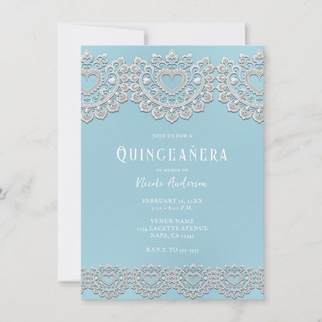 Convite Turquesa Azul Branco Renda Coração Quinceañera Fes (Frente)