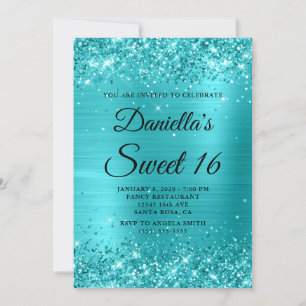 Convite Turquesa Azul Brilhante Foil Sweet 16