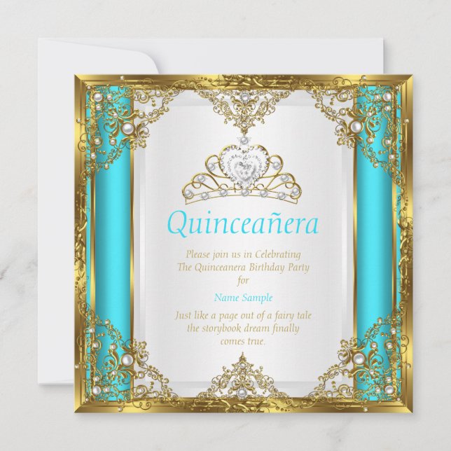 Convite Turquesa Azul Dourado Branco Pérola Princesa Quinc (Frente)