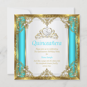 Convite Turquesa Azul Dourado Branco Pérola Princesa Quinc