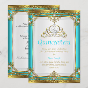 Convite Turquesa Azul Dourado Branco Pérola Princesa Quinc