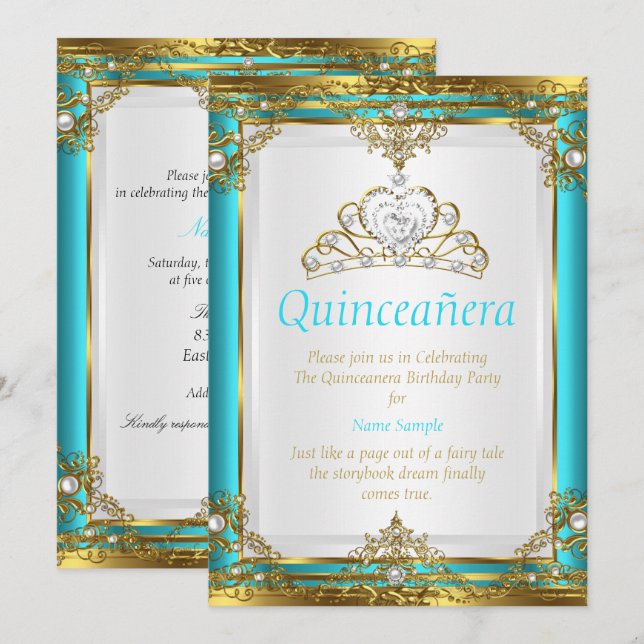 Convite Turquesa Azul Dourado Branco Pérola Princesa Quinc (Frente/Verso)