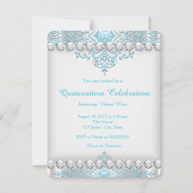 Convite Turquesa Azul e Diamante Prata Quinceañera (Frente)