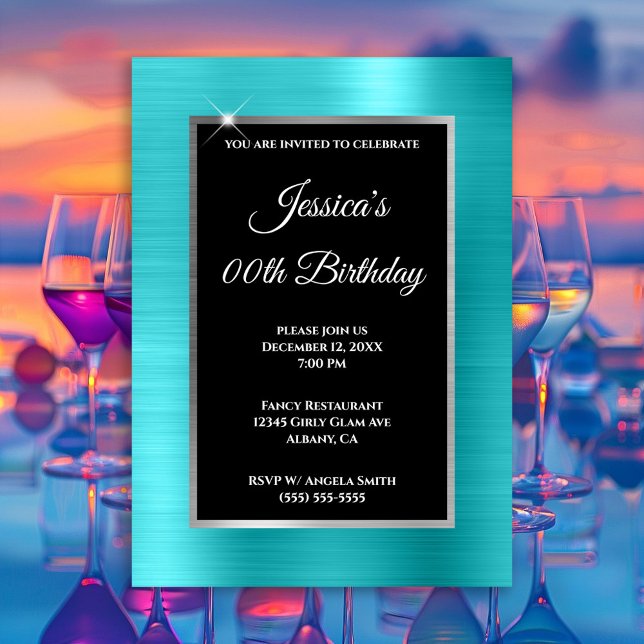 Convite Turquesa Azul Folha Prata e Preto Aniversário (Turquoise Blue Foil Silver and Black Any Year Invite)