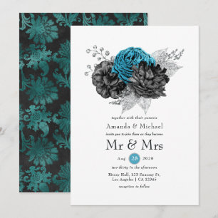 Convite Turquesa - Azul-marinho Preto e Casamento Floral P