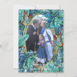 Convite Turquesa Azul Monstera Folhas e Borboletas