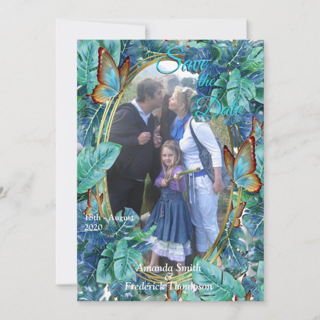 Convite Turquesa Azul Monstera Folhas e Borboletas (Frente)