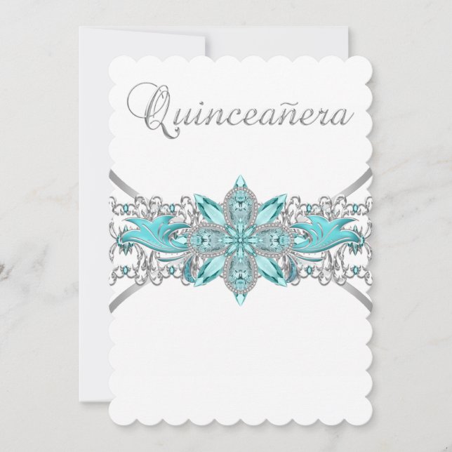 Convite Turquesa Azul Prata Quinceanera (Frente)