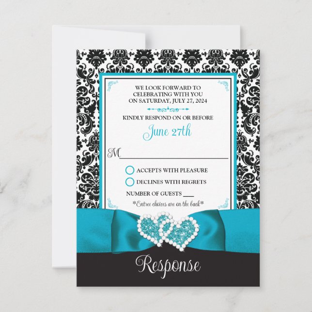 Convite Turquesa, Black Damask Love Hearts RSVP Card (Frente)
