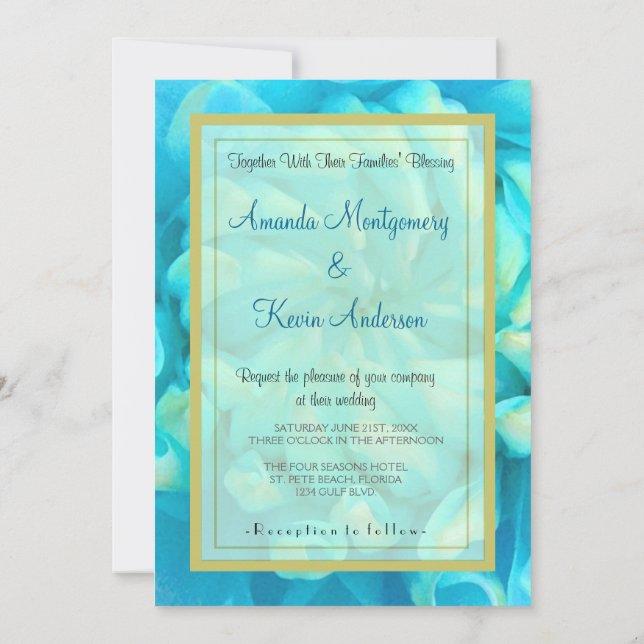 Convite Turquesa Blue Dahlia Flor em Casamento Aquoso (Verso)