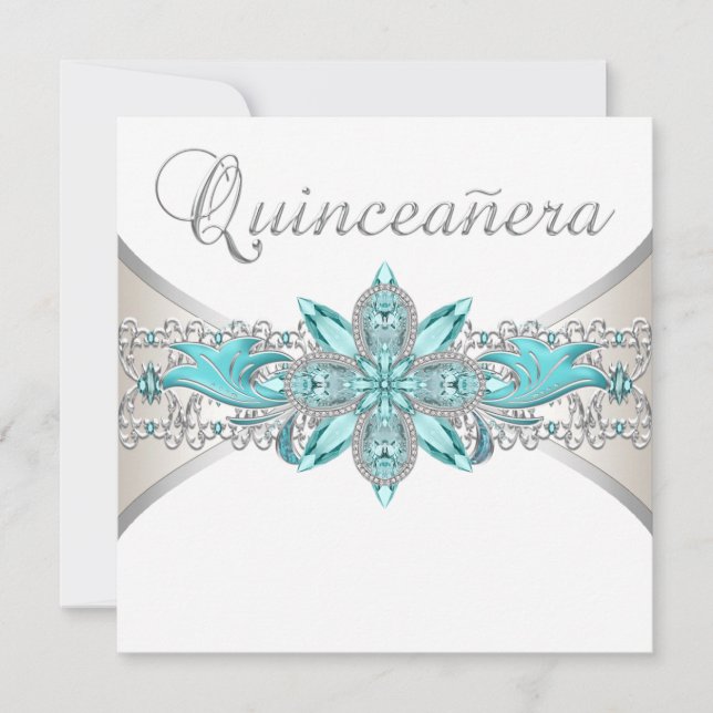 Convite Turquesa Blue e Silver Quinceanera (Frente)