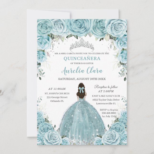 Convite Turquesa Blue Floral Princesa Silver Quinceañera (Frente)