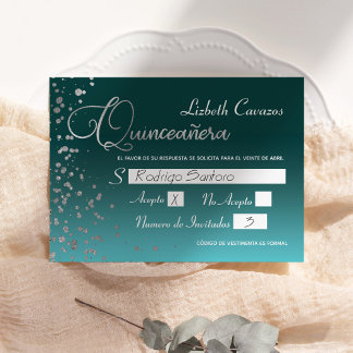 Convite Turquesa Blue Silver Confetti Quinceanera RSVP