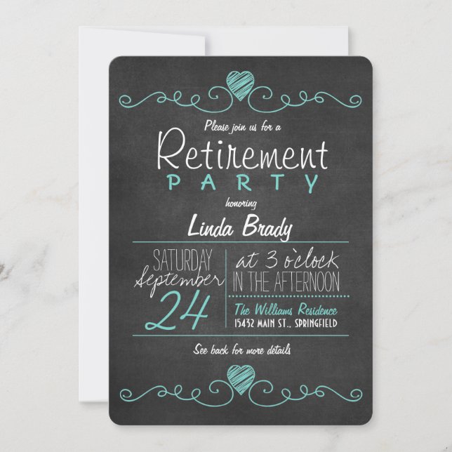 Convite Turquesa Blue & White Chalkboard Retirement Party (Frente)