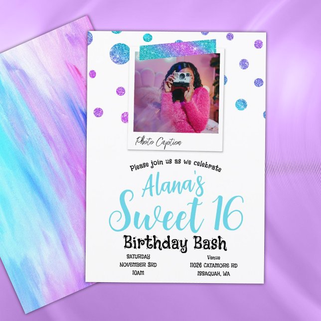 Convite Turquesa, Bolinhas Brilhantes Rosa Quente Doces 16 (turquoise pink purple sweet 16 party invitations sweet sixteen 16th birthday party glitter polkadots)