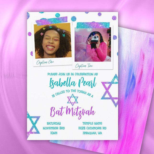Convite Turquesa, Bolinhas Rosa Quente, Bat Mitzvah (pink glitter bat mitzvah invitation with polka dots and star of david, cute photo collage turquoise)