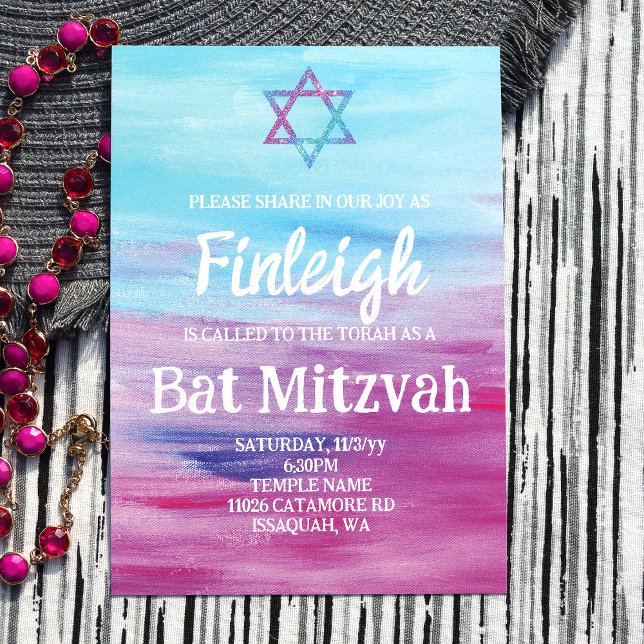 Convite Turquesa Brilhante Rosa-Quente - Estrela Brilhante (Abstract Pink, Turquoise, Blue Bat Mitzvah Invitations, White Script Writing, Glitter Star of David)