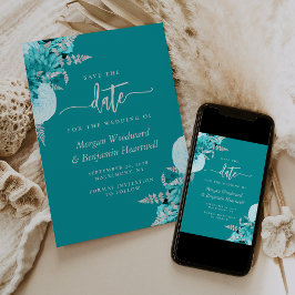Convite Turquesa Casamento Floral de Prata Save the Date