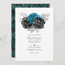 Convite Turquesa - Casamento Floral de Teal Black e Silver