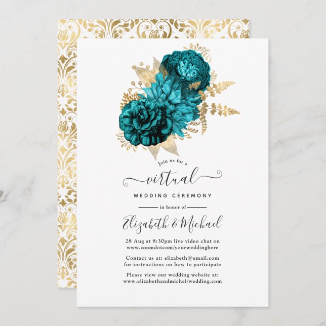 Convite Turquesa - Casamento Floral Dourado e Teal (Frente/Verso)