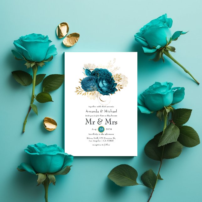 Convite Turquesa - Casamento Floral Dourado e Teal (Criador carregado)