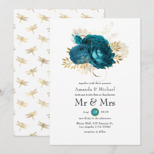 Convite Turquesa - Casamento Floral Dourado e Teal