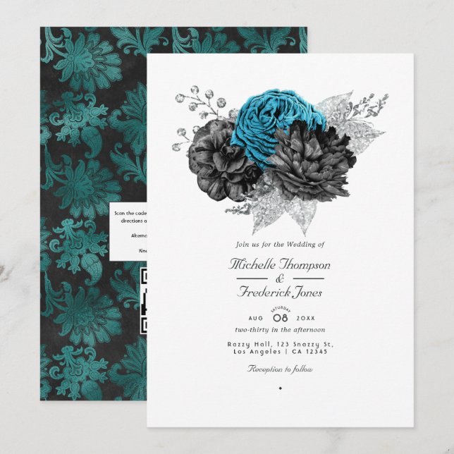 Convite Turquesa - Casamento Floral Preto e Prata (Frente/Verso)