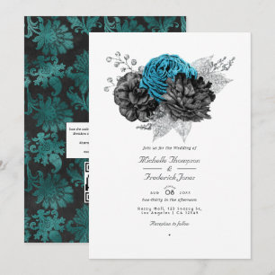 Convite Turquesa - Casamento Floral Preto e Prata