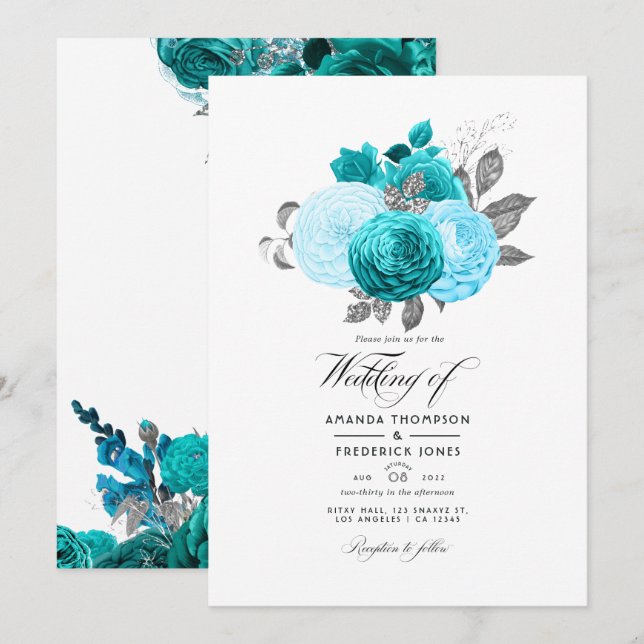 Convite Turquesa - Casamento Floral Turquesa e Prata (Frente/Verso)