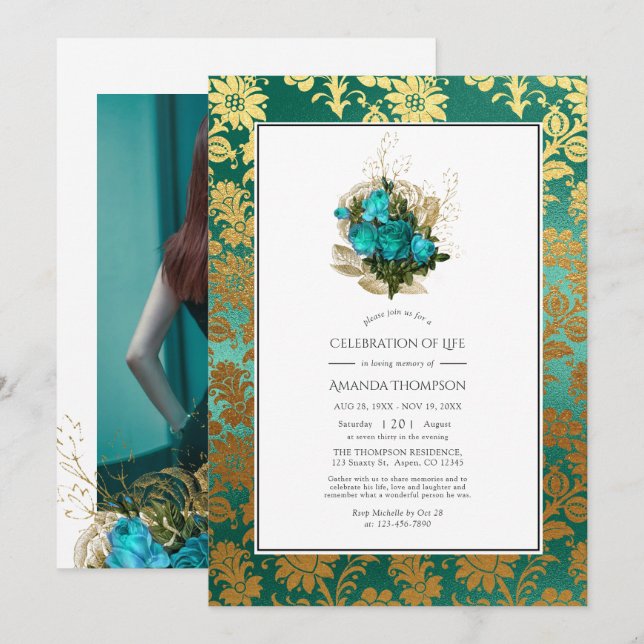 Convite Turquesa - Celebração de Vida Floral em Turquesa e (Frente/Verso)