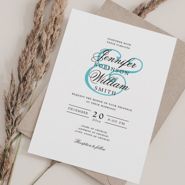 Convite Turquesa Clássica do Casamento Romântico Elegante (Elegant Romantic Wedding Classic Script Turquoise Invitation)