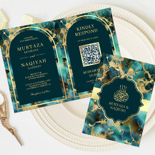 Convite Turquesa Código QR Mármore Dourado Casamento Muçul