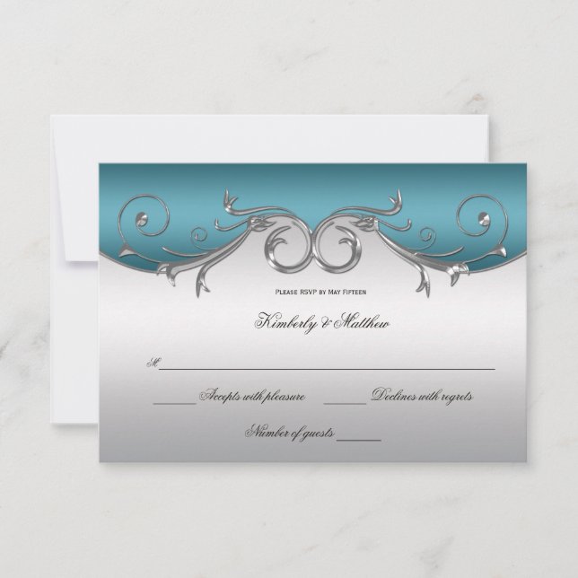 Convite Turquesa com Espirais Prateadas Ornamentadas RSVP (Frente)