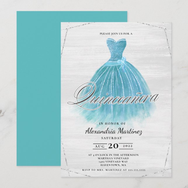 Convite Turquesa com roupa brilhante Quinceañera (Frente/Verso)