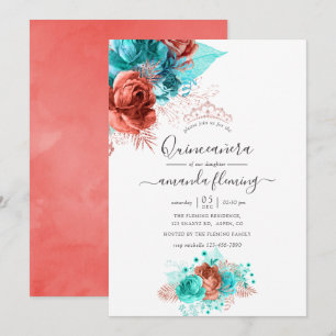 Convite Turquesa & Coral Aquarela Floral Quinceañera