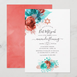 Convite Turquesa & Coral Floral em Aquarela Bat Mitzvah