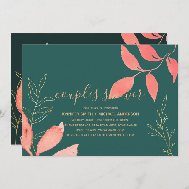 Convite Turquesa Coral Ouro CHUVEIRO DE CASAL Manuscrito (Frente/Verso)