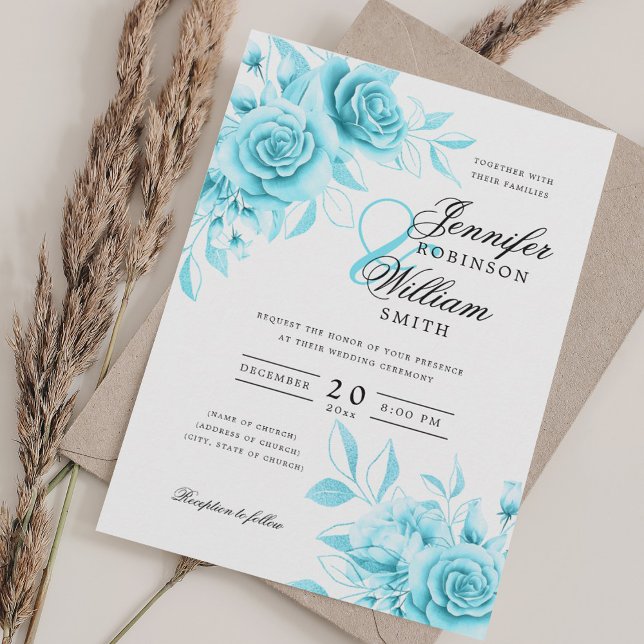 Convite Turquesa de Casamento de Script Elegante com RSVP  (Elegant Script Wedding Turquoise Floral w/ QR RSVP Invitation)