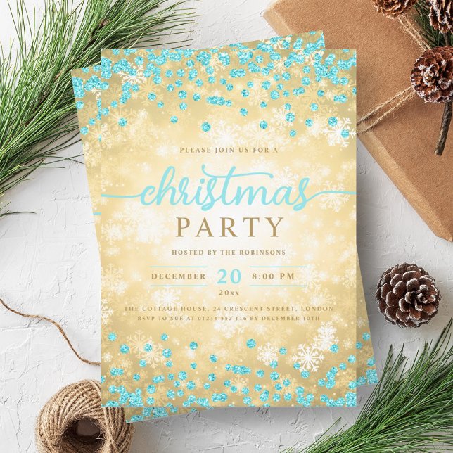 Convite Turquesa de Natal dos Diamantes de Inverno Dourado (Gold Winter Silver Diamonds Christmas Turquoise Invitation)