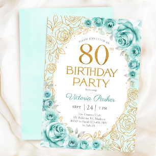 Convite Turquesa Dourada Aniversário de 80 anos Floral