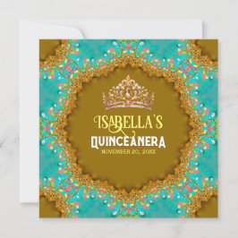 Convite Turquesa Dourada Satin Lace e Tiara Quinceañera